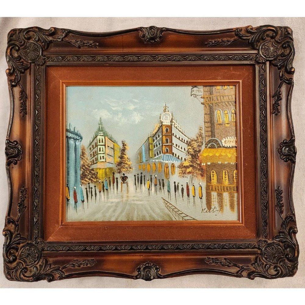 Alley Scene Hand Painted Signed Art Wood Carved Ornate Frame 15"x13" Kitty